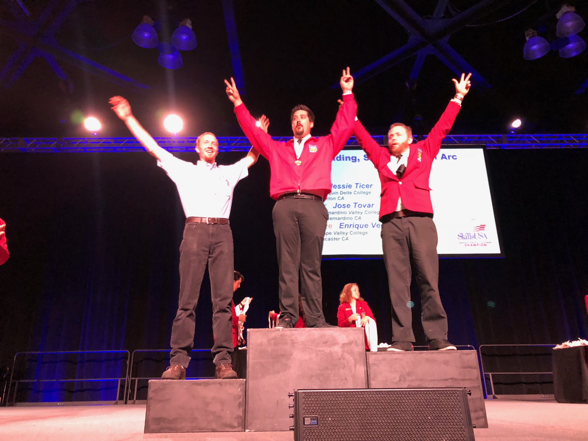 Shane Gallagher of San Joaquin Delta College stands atop the podium at the SkillsUSA state competition this year.