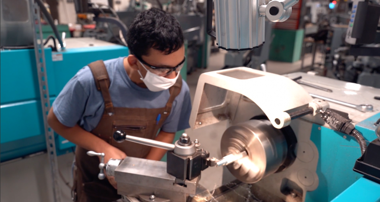 A Delta College student in the machine tool technology shop