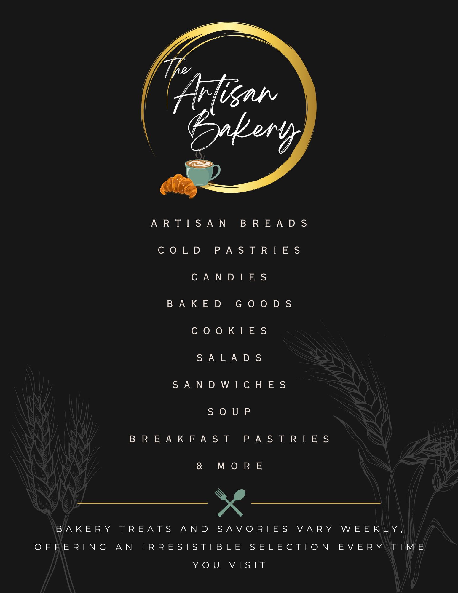 a menu with food options available at the artisan bakery