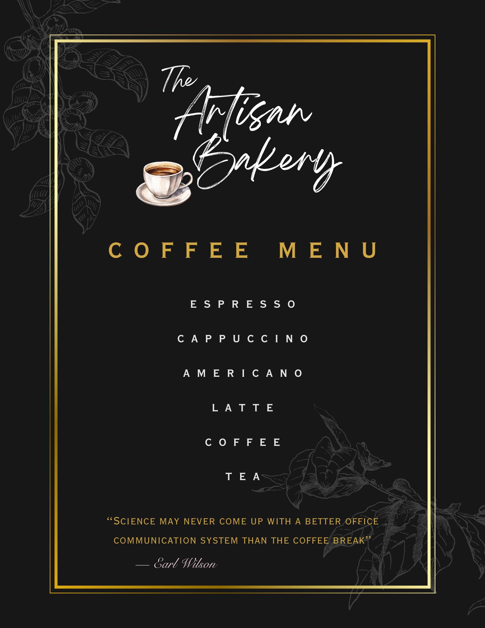 a menu with coffee options available at the artisan bakery