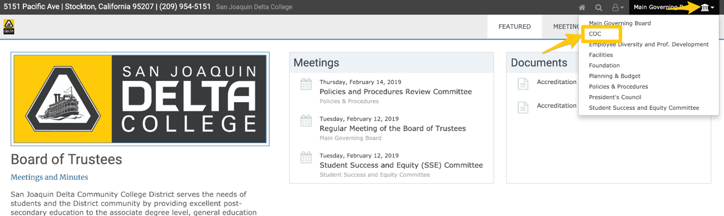 This shows how to find COC meetings in BoardDocs