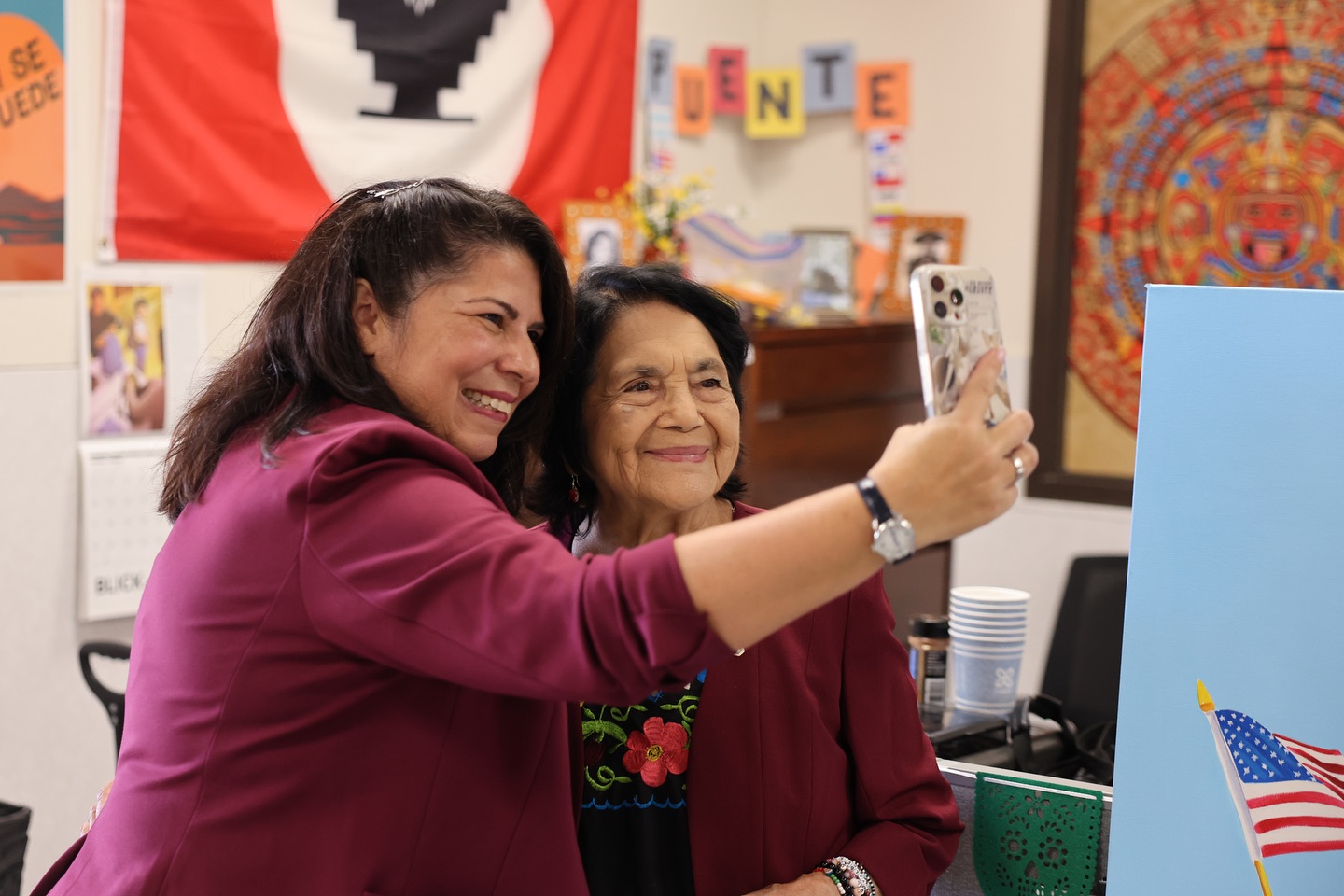 Photo of Dolores Huerta and Delta College President Dr. Lisa Aguilera Lawrenson taking a selfie
