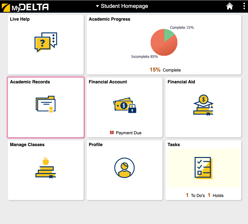 MyDelta Screen shot of Academic Records link
