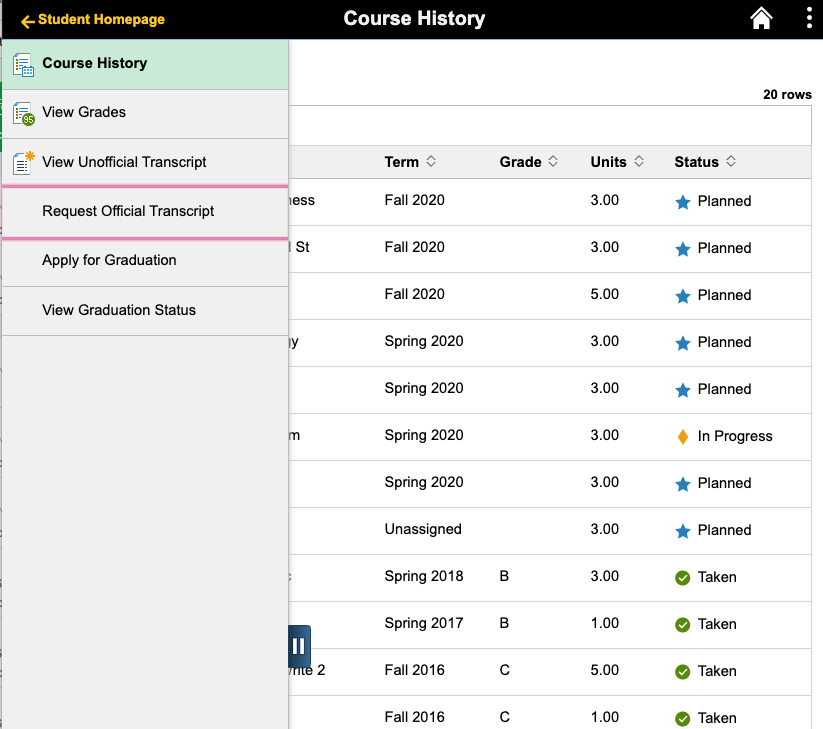 MyDelta Screenshot of Official Transcript Link
