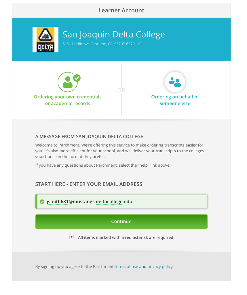 Transcript order process by entering email address