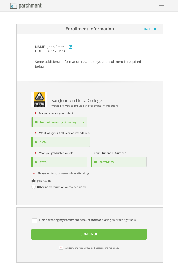 Transcript ordering - enrollment details