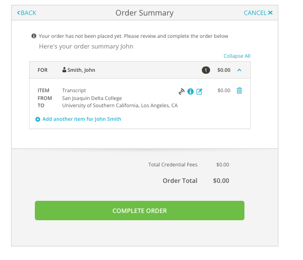 Ordering Transcripts - Order Summary