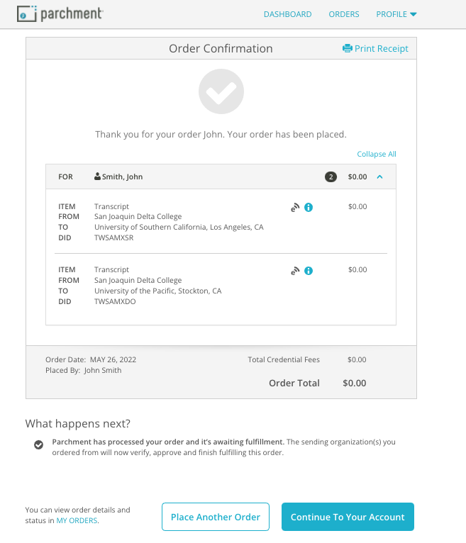 Ordering Transcripts - Order Confirmation