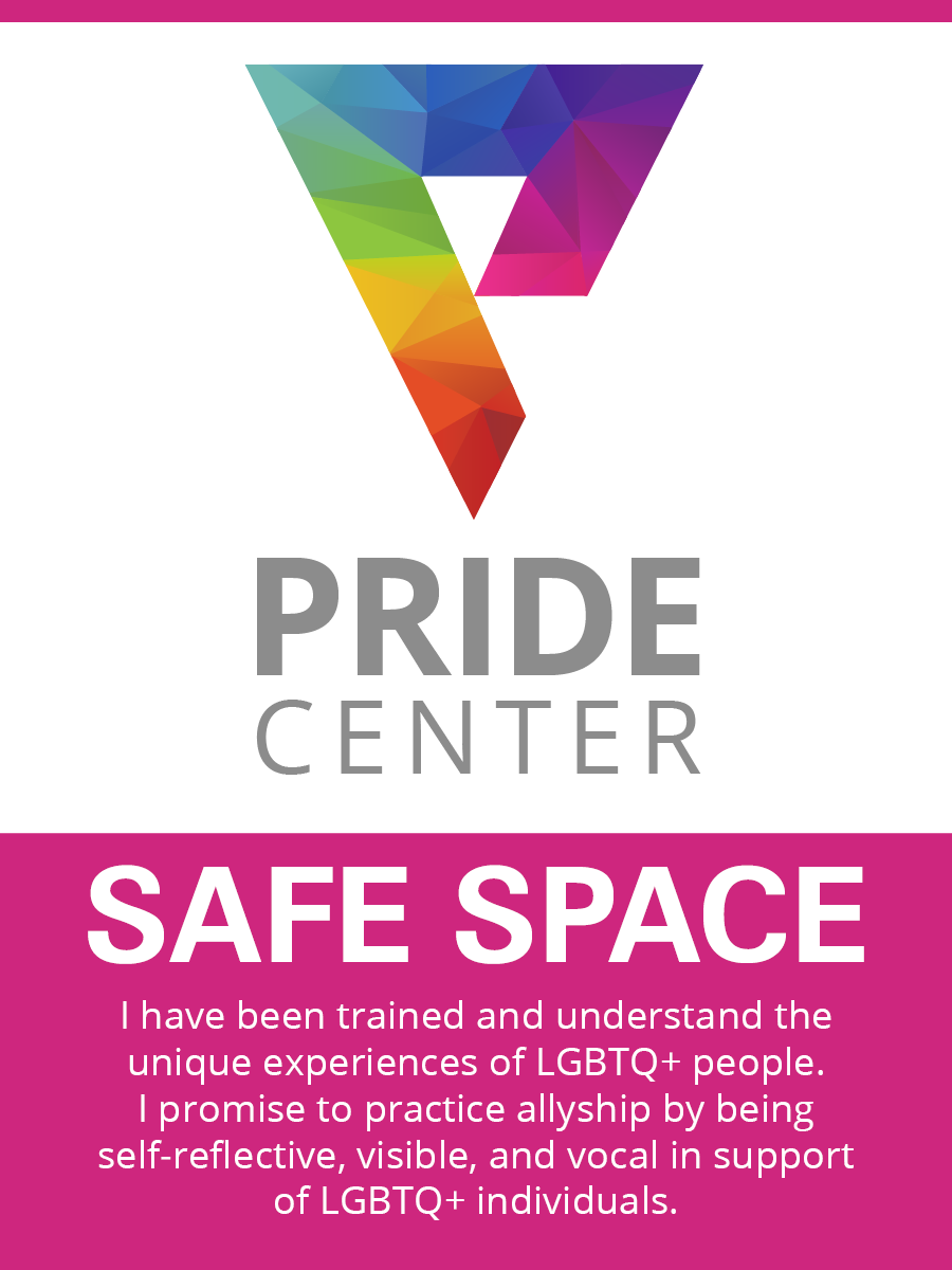 Delta College Pride Center safe space graphic with a rainbow geometric ‘P’ logo and text stating it is a safe space supporting LGBTQ+ individuals.