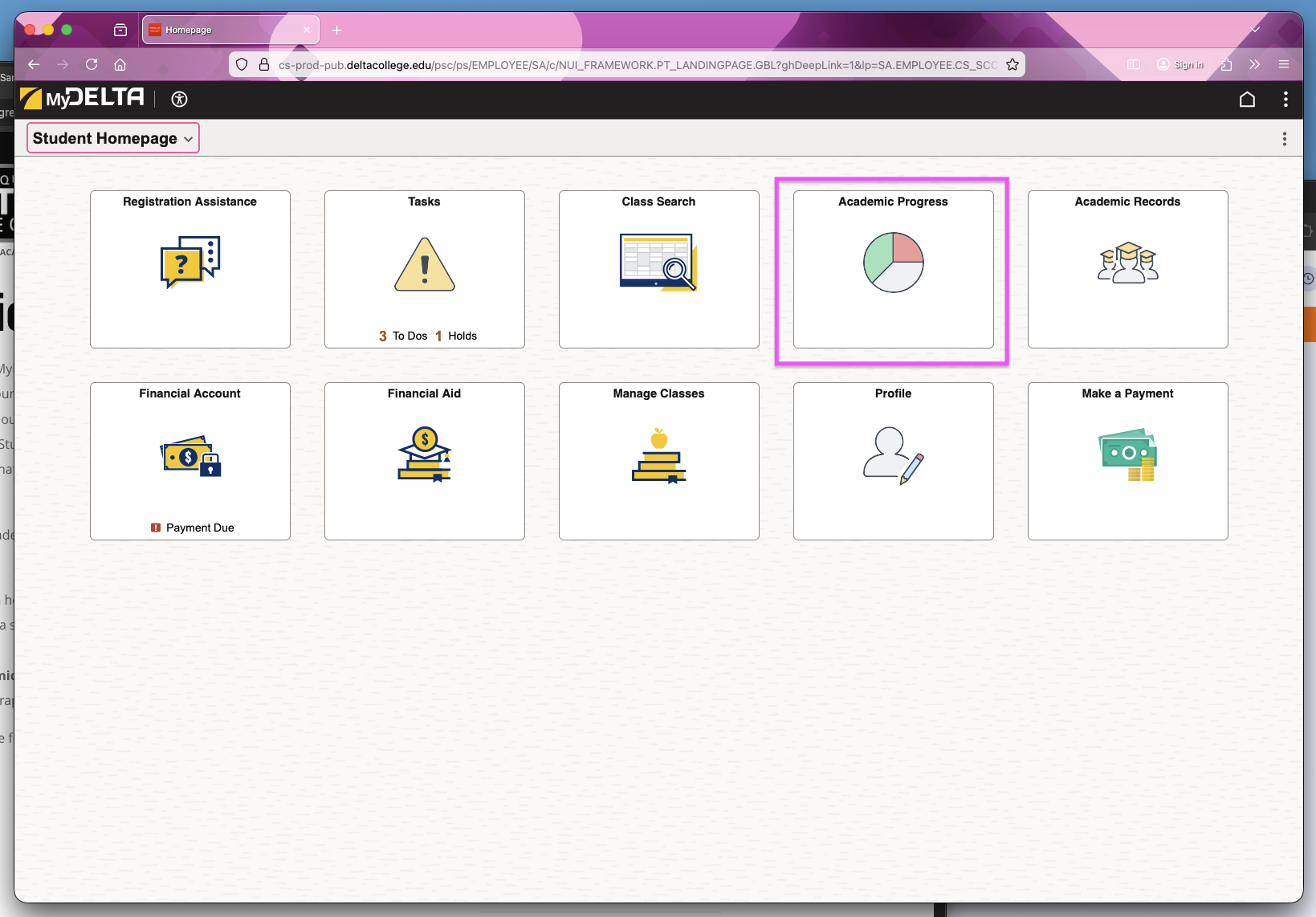 Mydelta Home screen with Academic Progress tile Highlighted