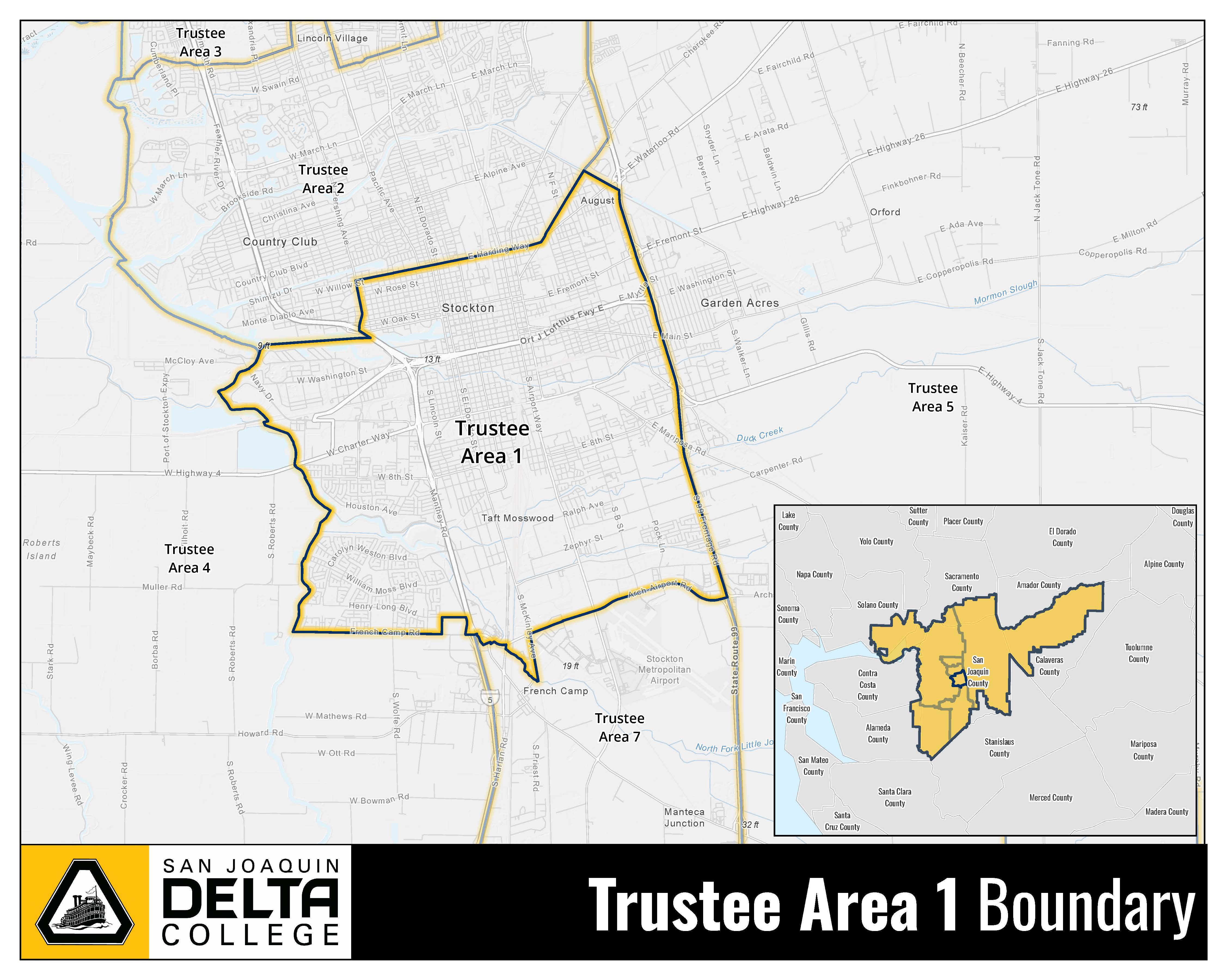 Map showing Trustee Area 1 within the college district
