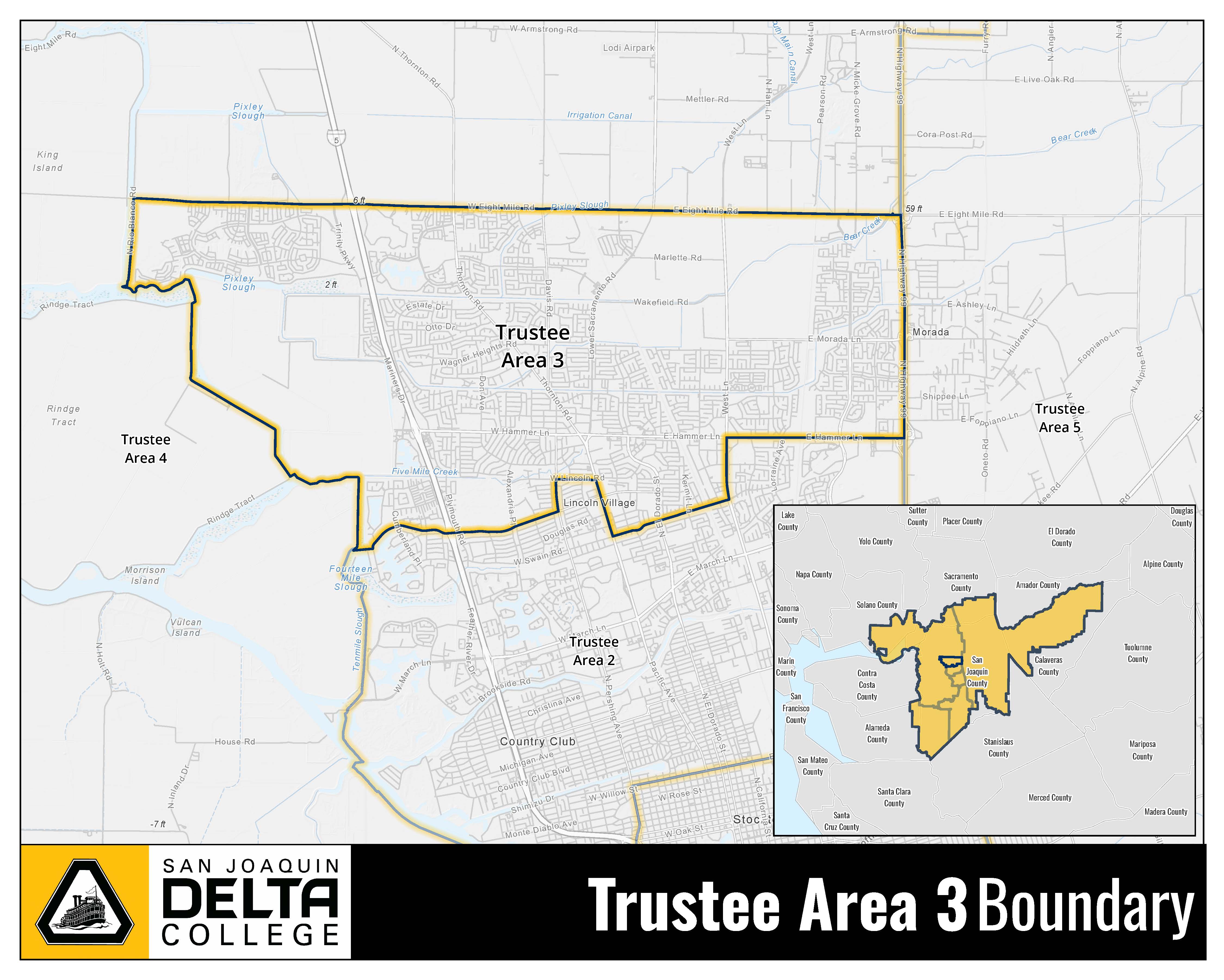 Map showing Trustee Area 3 within the college district