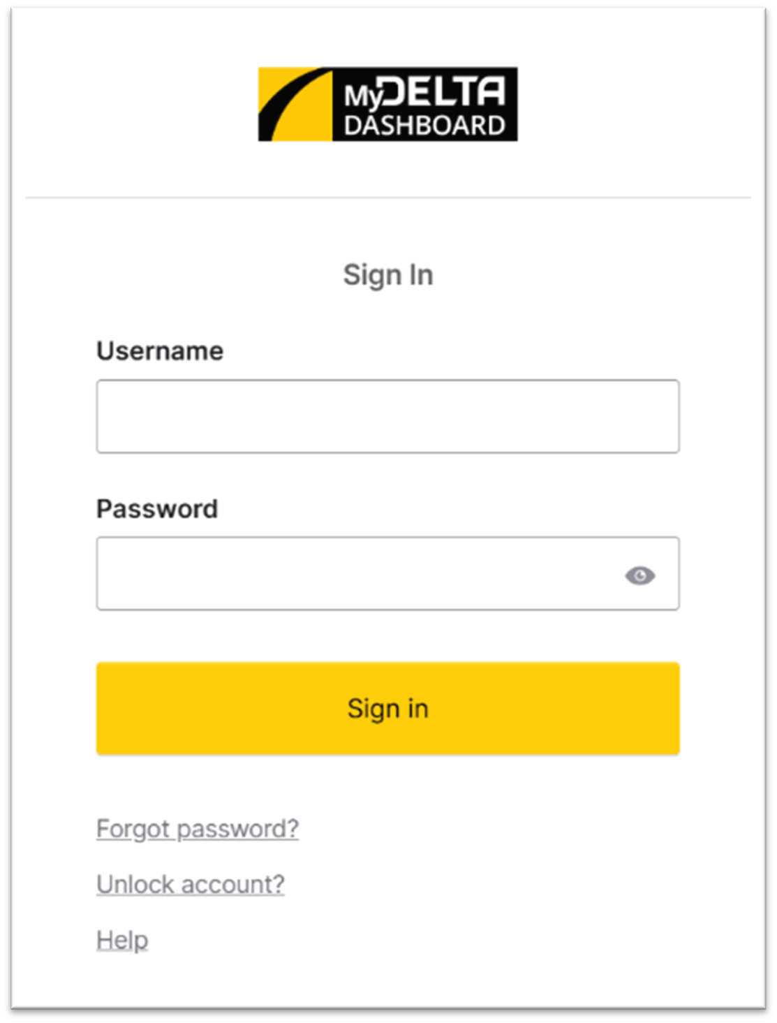 Screenshot of MyDelta Dashboard login