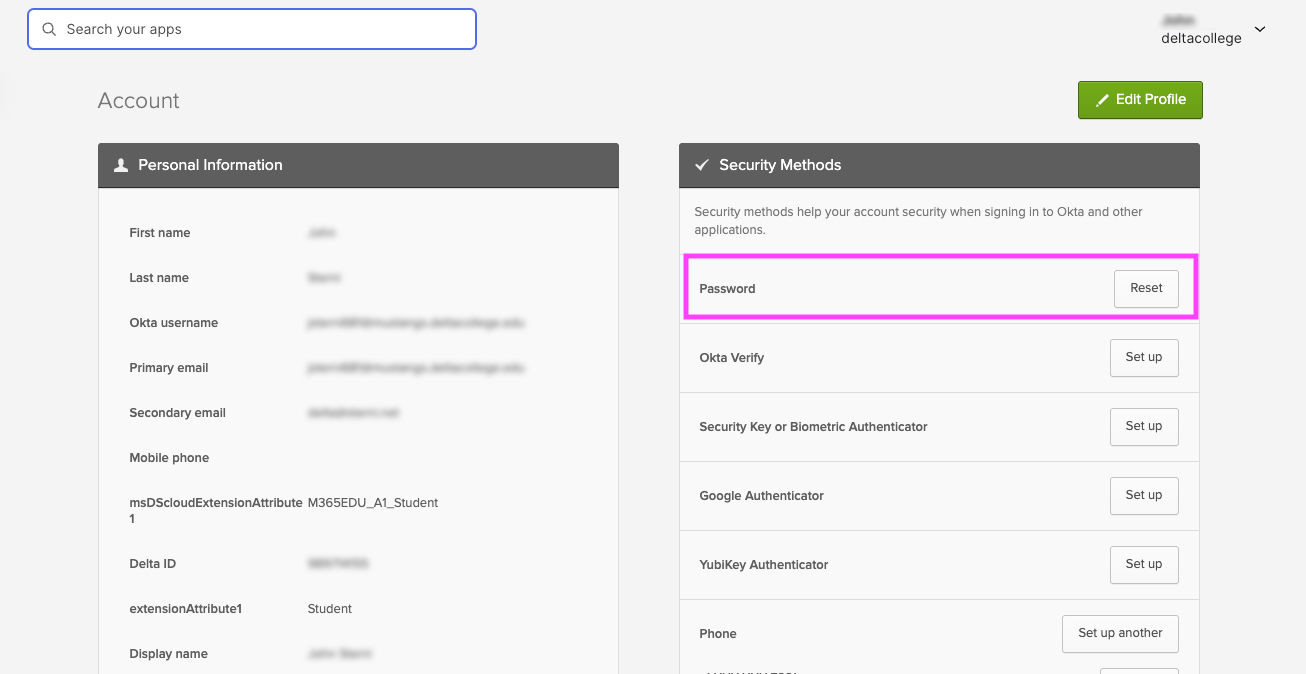 okta Account Settings View