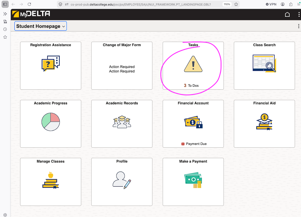 Screenshot or MyDelta tile with Task highlighted