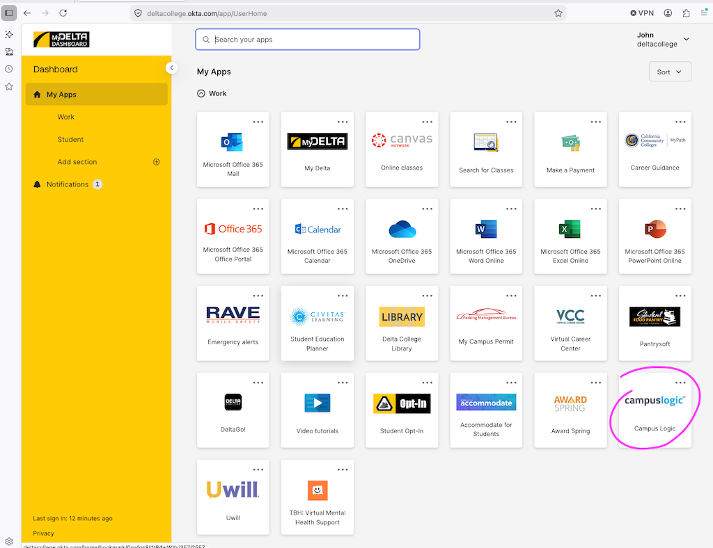 Screenshot or MyDelta Dashboard tiles with Campus Logic highlighted