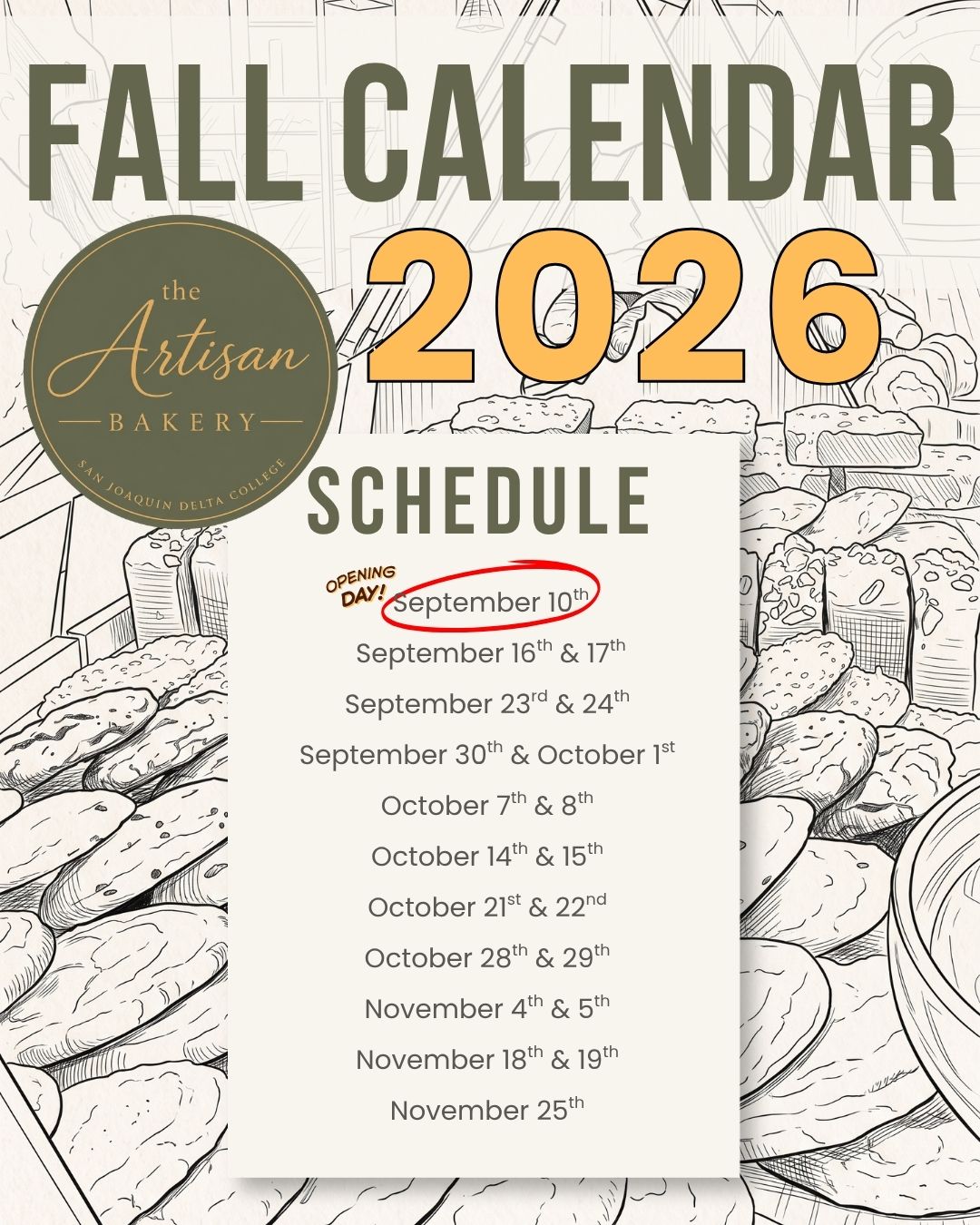 Artisan Bakery Fall Calendar 2026