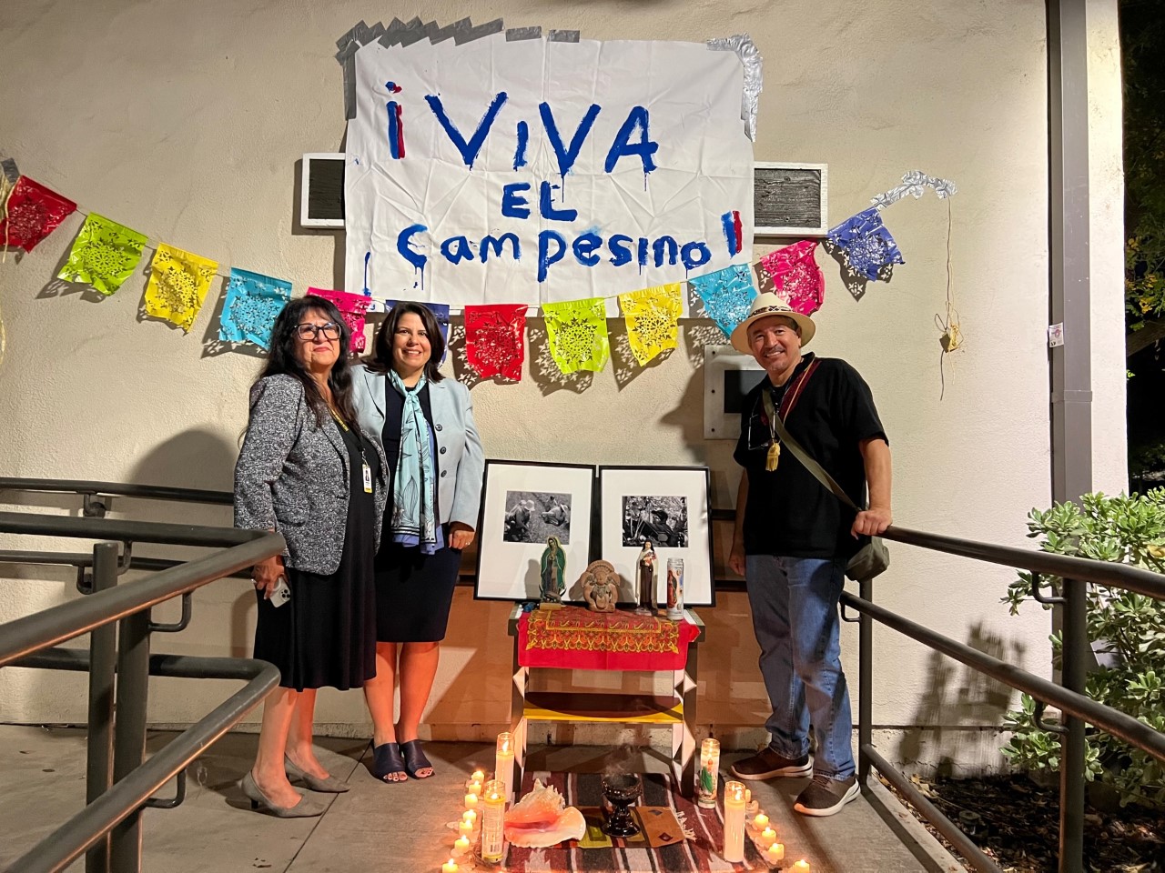 Vice President Dr. Lonita Cordova, Superintendent/President Dr. Lisa Aguilera Lawrenson, and Professor Mario Moreno celebrate the newly renamed Campesino Forum
