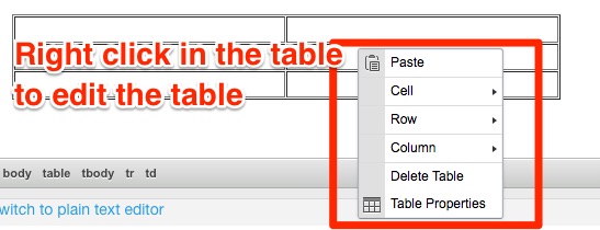 Right click in the table to display a menu for editing the table