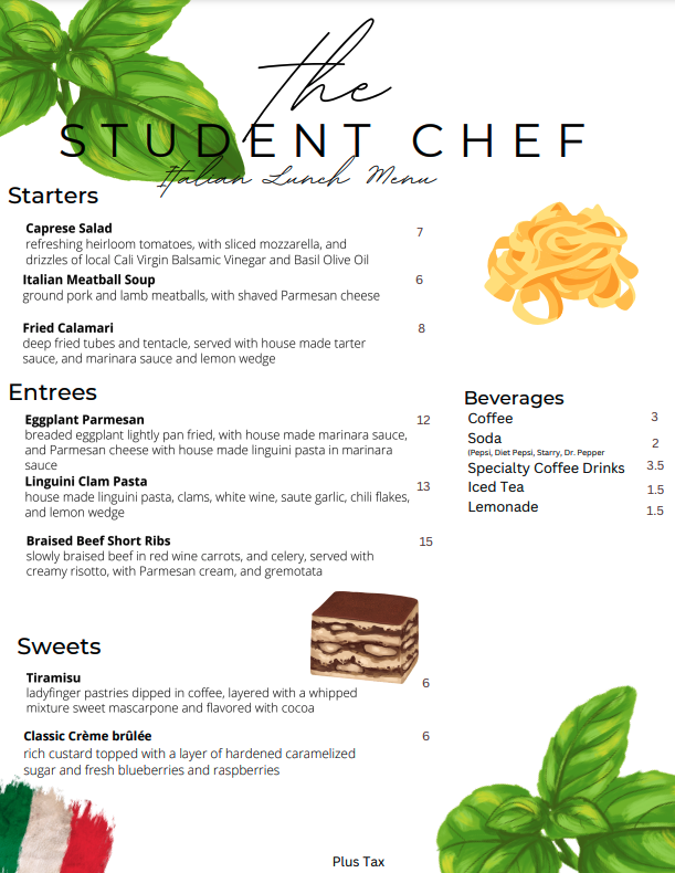 Student Chef Menu