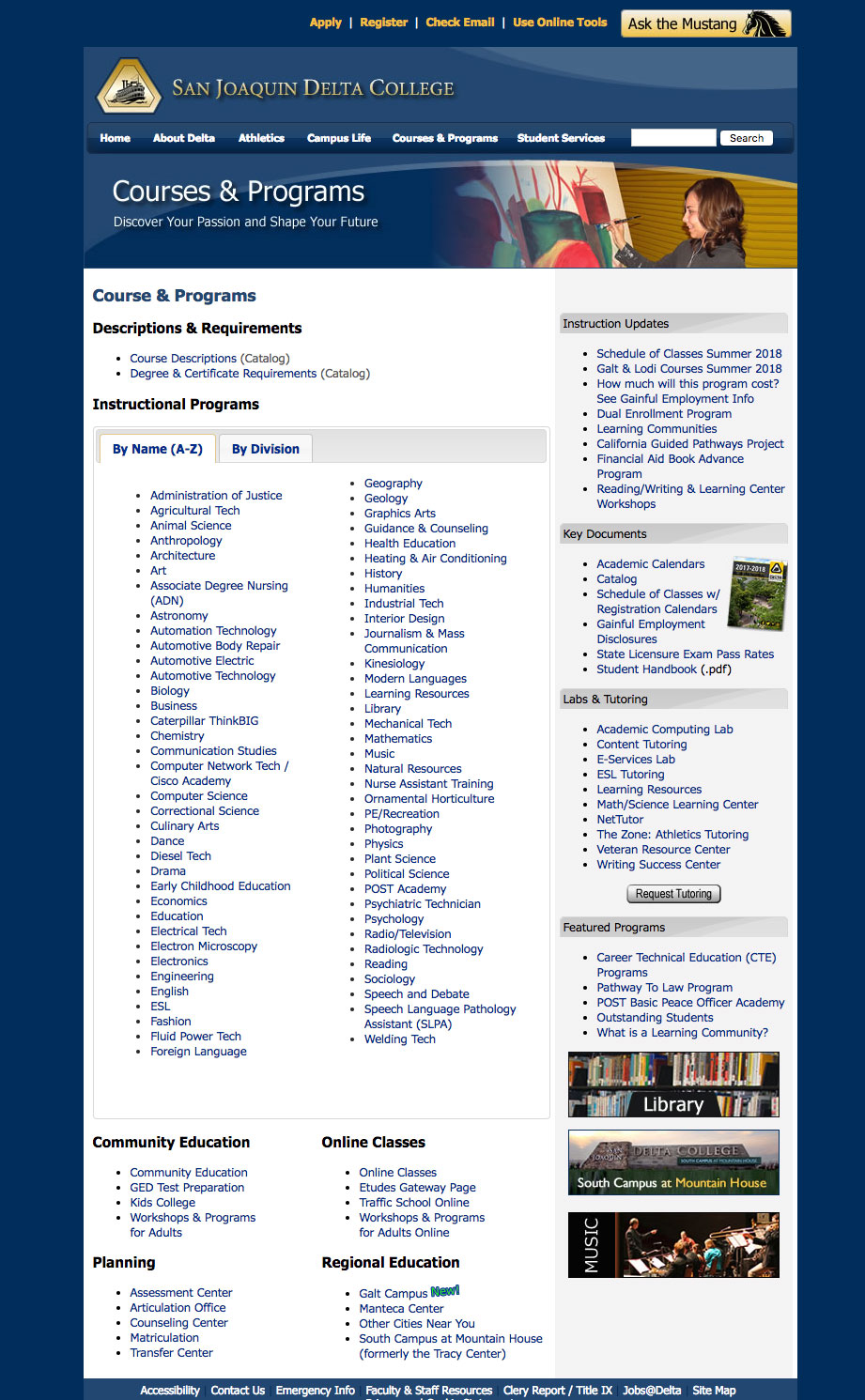 Screen capture of old programs page
