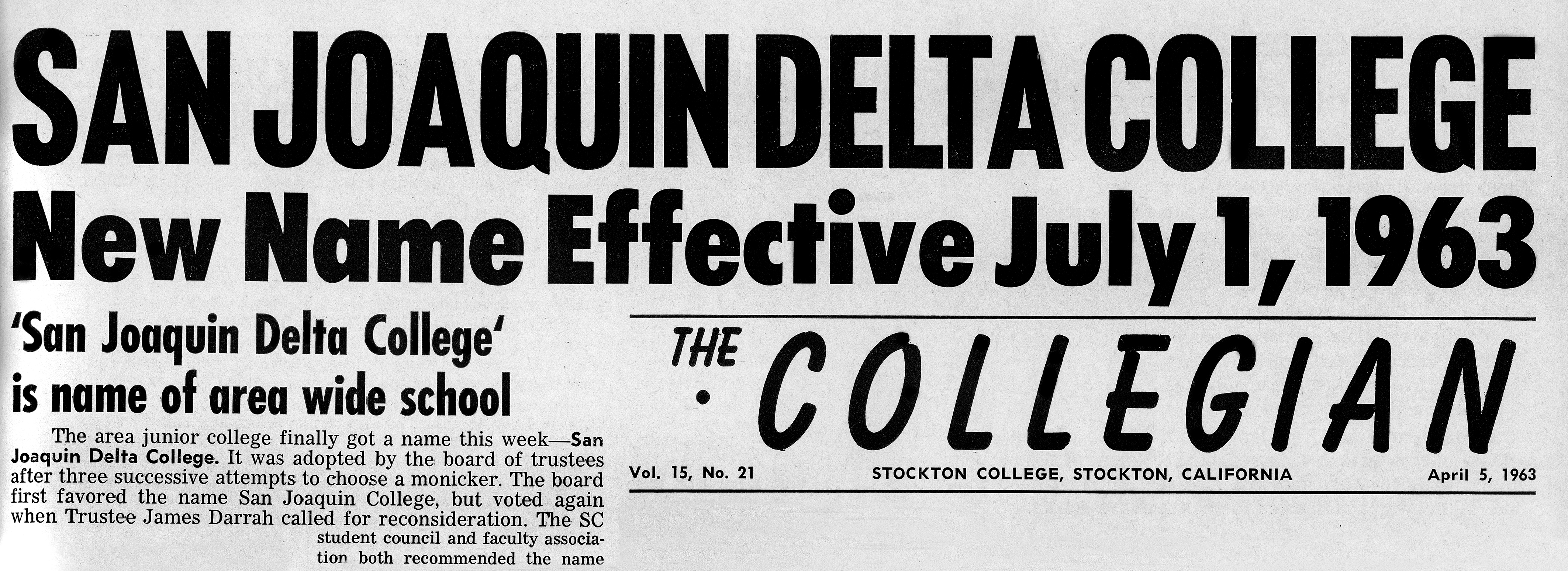 The Collegian's banner headline spreading the news about Delta College
