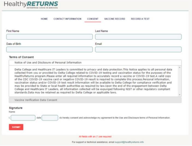 Student HealthyReturns Form screen shot  - Consent form
