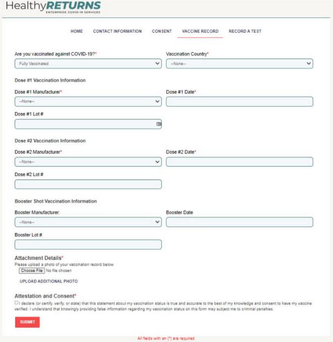 Student HealthyReturns Form screen shot  - Fully Vaccinated