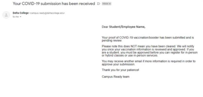 Student HealthyReturns Form screen shot  -  Submission Email