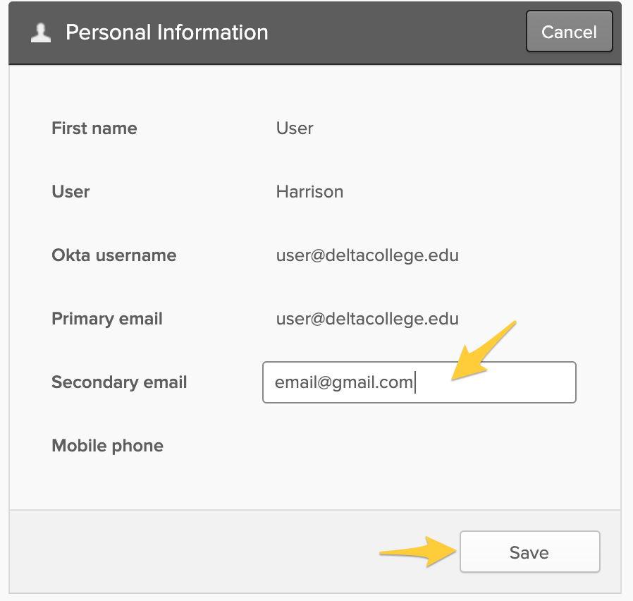 Enter a secondary email address and click save