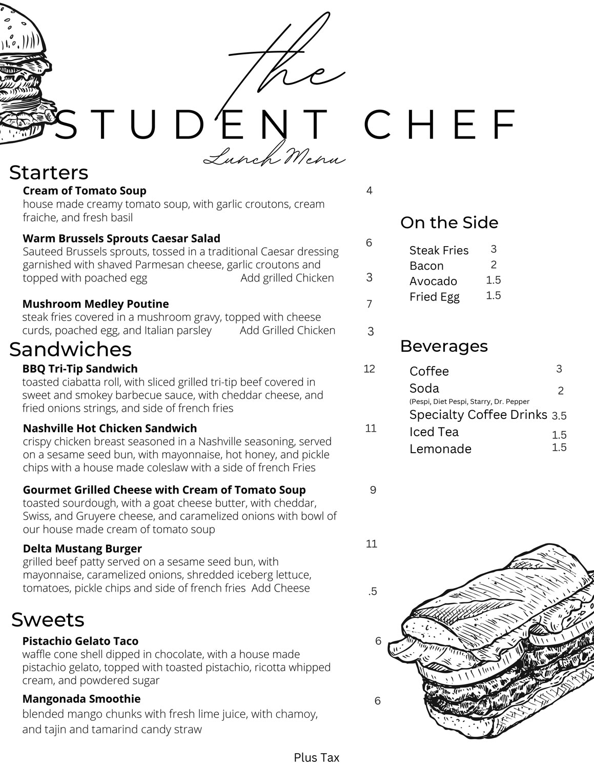 Student chef menu