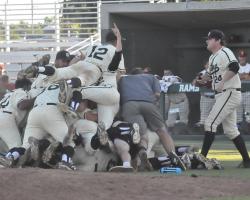 San Joaquin Delta College players celebrate after recording the final out in the California Community College Athletic Association Baseball State Championship on Monday.