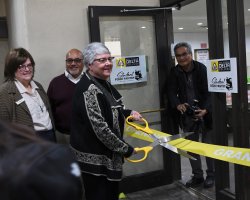 Delta College President Kathy Hart formally opens the College's new food pantry. The goal is to provide food for students who are often unsure where their next meal will come from.