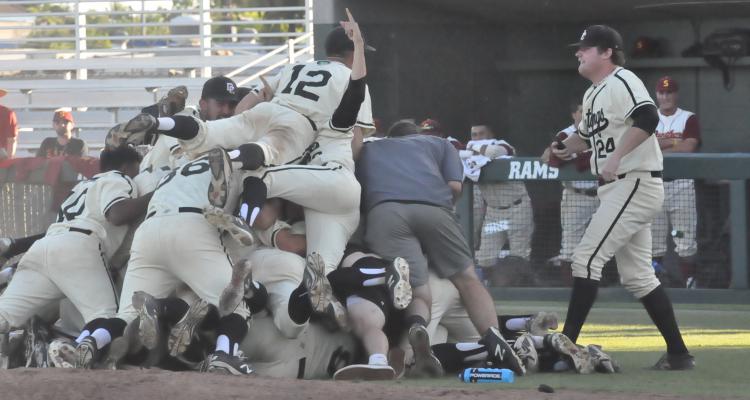 San Joaquin Delta College players celebrate after recording the final out in the California Community College Athletic Association Baseball State Championship on Monday.