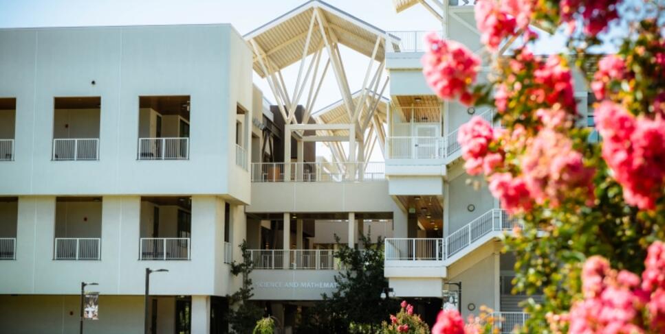 A photo of the Science and Math Building with beautiful blossoms in the foreground