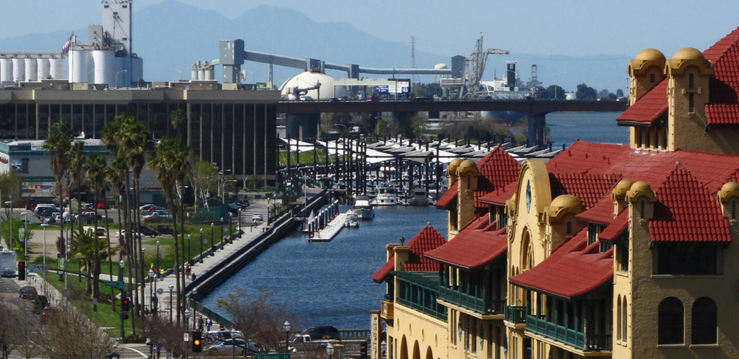 Photo of the downtown Stockton waterfront looking west