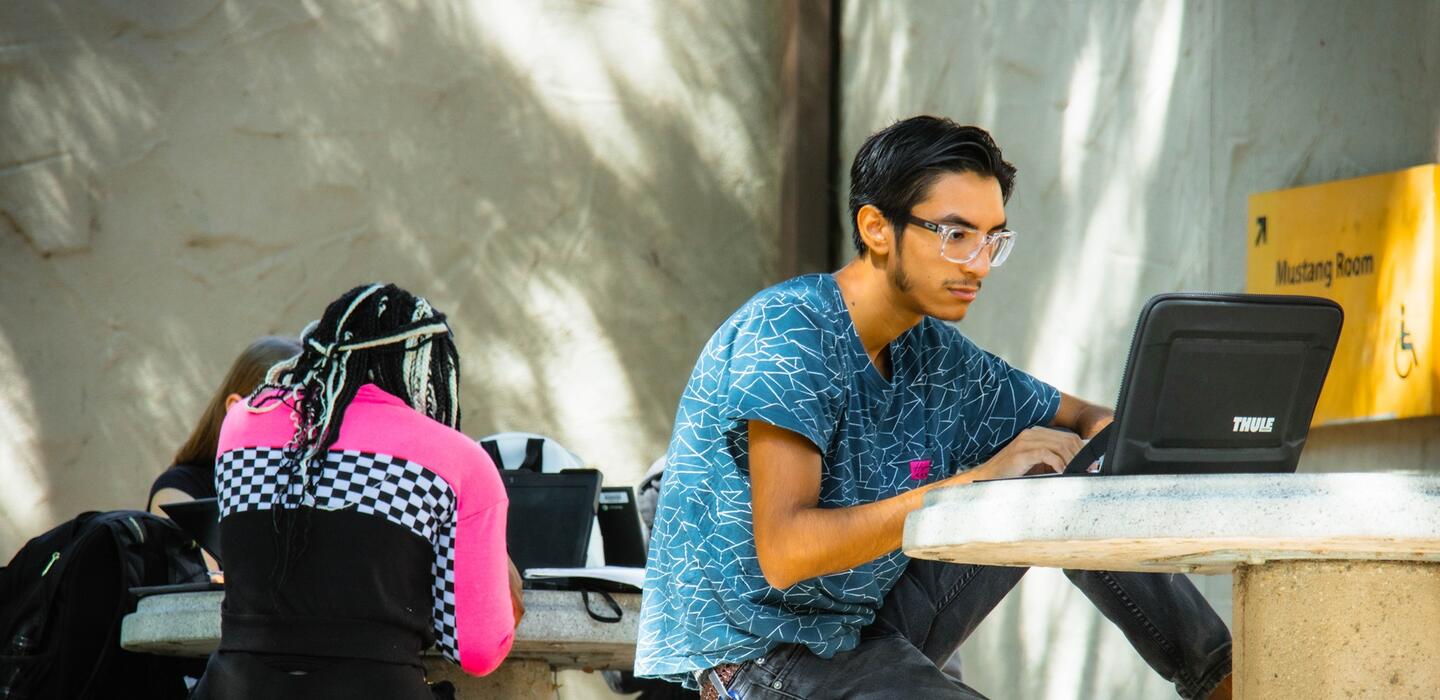 Photo of a student sitting at a table using laptop