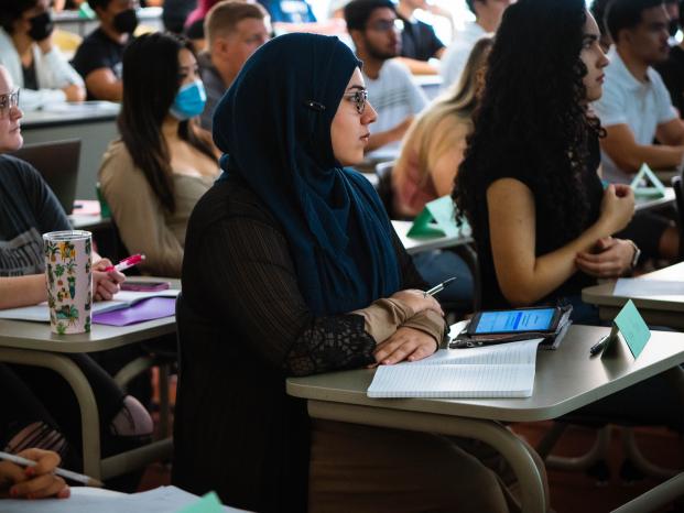 A group of students focused on their laptops while sitting at desks in a bright classroom.