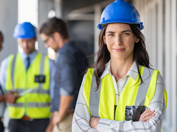 A woman in proper protective gear stands confidently in front of her team of workers on a construction site.