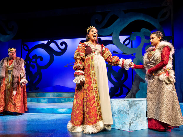 Group of Delta students performing on stage during a drama play