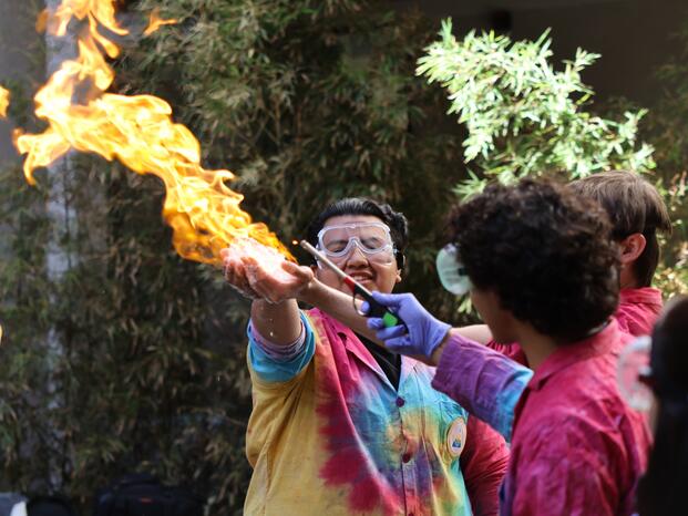 Students performing a chemistry experiment