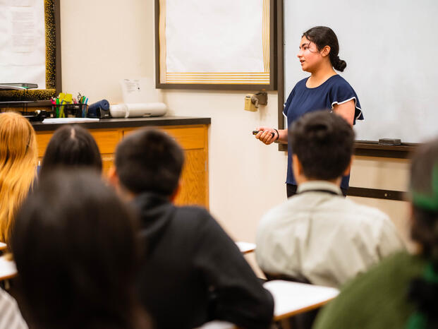 A student speaks in her Communication Studies class