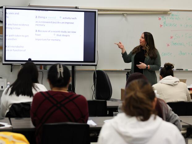 An English as a Second Language professor gives a lecture
