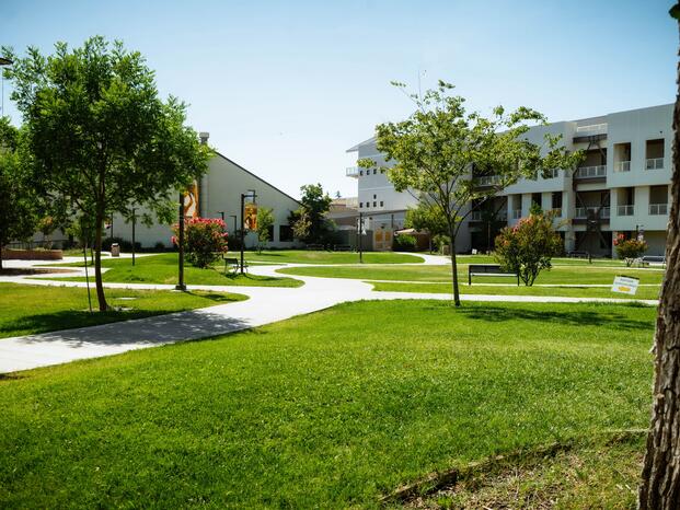 Grass and walkways in front of Science and Math Building