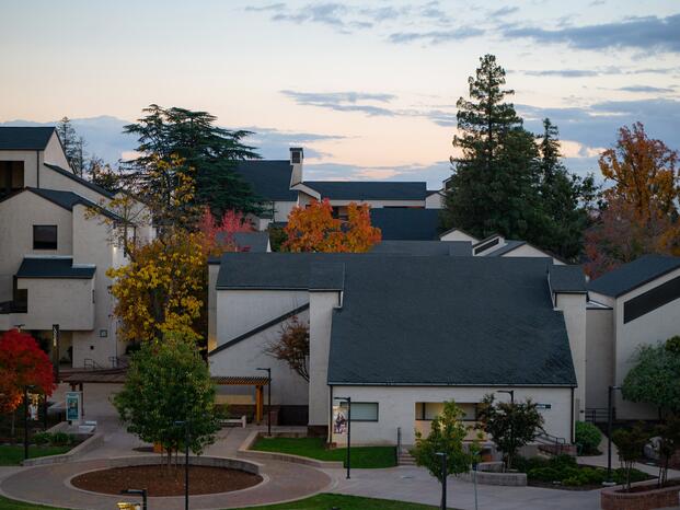 A photo of Delta College's skyline at dusk