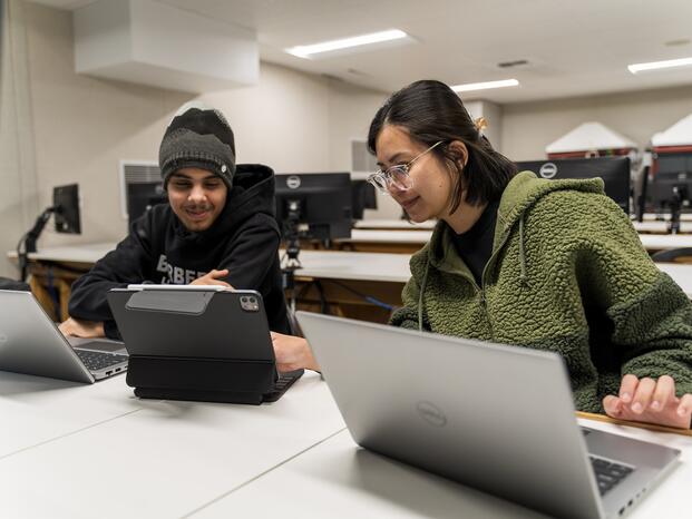 Students work together in a Business Information Management class