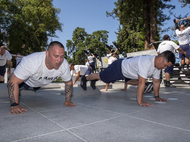 Photo of police academy cadets working out at the Exercise Court.