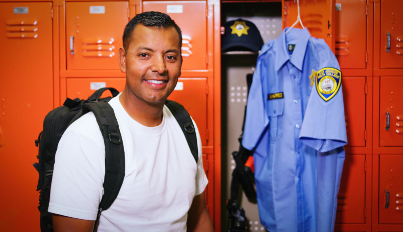 student next to the lockers