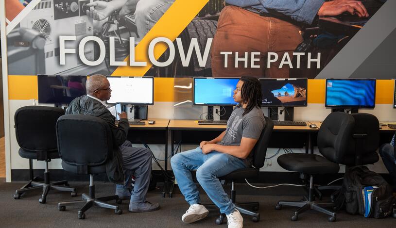 Students chatting at the Delta Connect Center