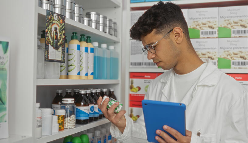 pharmacist holding medicine